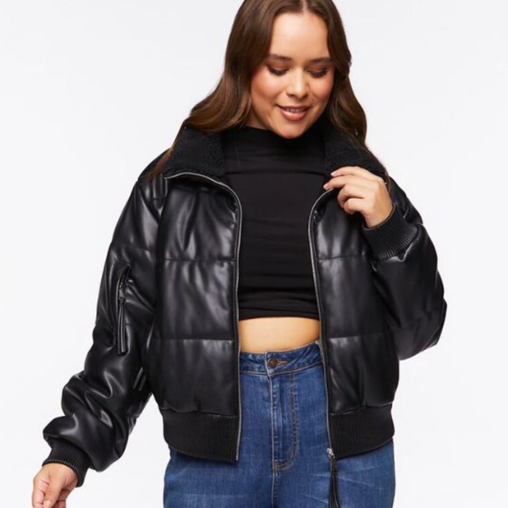 Quilted Leather Puffy Bomber Jacket with Shearling Lining - NWOT